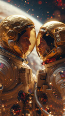 Astronaut couple against infinite backdrop of space, symbolizing undying love, romance and companionship. Their suits are detailed and realistic, reflecting the latest in space exploration gear