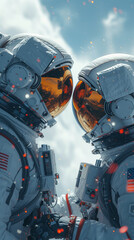 Astronaut couple against clouds in the sky, symbolizing undying love, romance and companionship. Their suits are detailed and realistic, reflecting the latest in space exploration gear