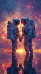 Astronaut couple holding hands, symbolizing love, romance, unity, partnership and companionship. Their suits are detailed and realistic, reflecting the latest in space exploration gear