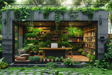 Serene home office nestled in a lush indoor garden. Wooden desk with a laptop is surrounded by a variety of green plants and hanging terrariums. Work environment that blends productivity with peace.