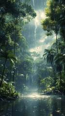 Vibrant jungle surrounded by towering trees and lush foliage on a rainy day. Concept of the depth of the greenery, and the refreshing essence of a rainy day in wilderness - obrazy, fototapety, plakaty