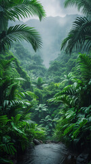 Fototapeta na wymiar Vibrant jungle surrounded by towering trees and lush foliage on a rainy day. Concept of the depth of the greenery, and the refreshing essence of a rainy day in wilderness