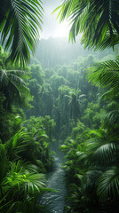 Fototapeta na wymiar Vibrant jungle surrounded by towering trees and lush foliage on a rainy day. Concept of the depth of the greenery, and the refreshing essence of a rainy day in wilderness
