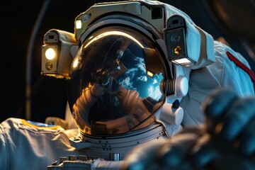 a spacewalk astronaut tethered to a spacecraft with Earth reflecting off the visor