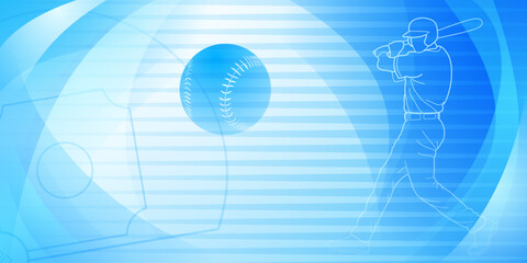 Baseball themed background in blue tones with abstract lines and curves, with silhouettes of a baseball field, ball and batsman