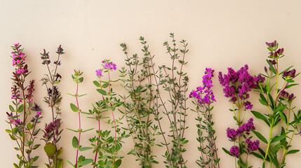 the vibrant hues of different varieties of thyme against a neutral background