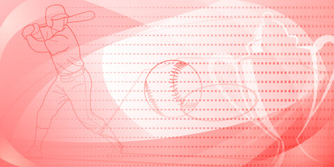 Baseball themed background in red tones with abstract dotted lines and curves, with silhouettes of a baseball field, cup, ball and batsman - obrazy, fototapety, plakaty