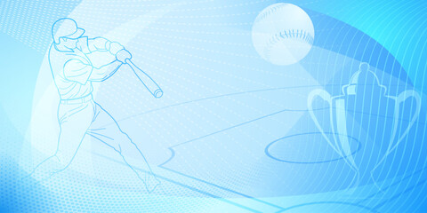 Baseball themed background in blue tones with abstract dotted lines, dots and curves, with silhouettes of a baseball field, cup, ball and batsman