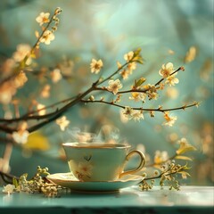 Obraz na płótnie Canvas Spring’s Gentle Embrace: Tea Amidst Blossoms