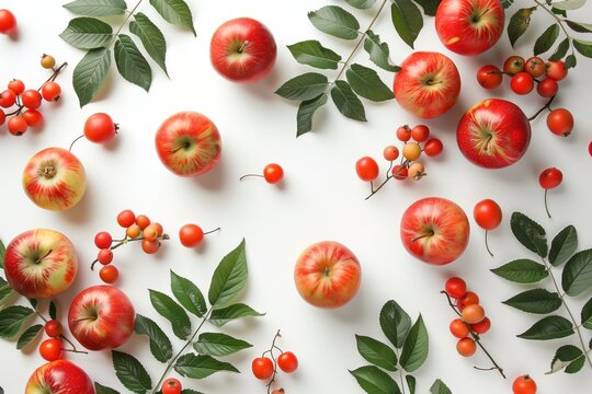 A close up of red apples and green leaves