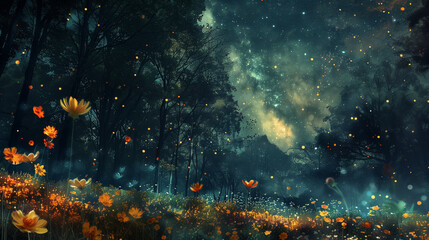 Fireflies in Mystical Woods - obrazy, fototapety, plakaty
