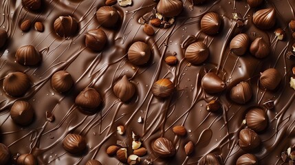 Detailed close-up of chocolate and hazelnuts arranged on a table.