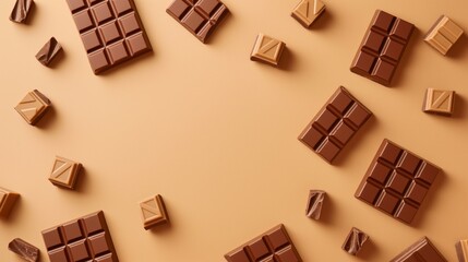 A table covered with a variety of chocolate pieces in beige and orange colors