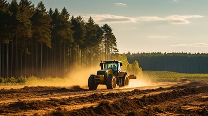 Obraz premium a tractor sprays pesticide on a field, in the style of massurrealism, light red and dark green, bold saturation innovator, organic realism, quantumpunk, photorealism, photography, golden ratio composi