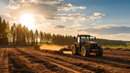 Fototapeta premium a tractor sprays pesticide on a field, in the style of massurrealism, light red and dark green, bold saturation innovator, organic realism, quantumpunk, photorealism, photography, golden ratio composi