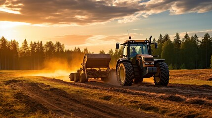 Obraz premium a tractor sprays pesticide on a field, in the style of massurrealism, light red and dark green, bold saturation innovator, organic realism, quantumpunk, photorealism, photography, golden ratio composi