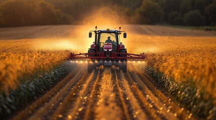 Fototapeta premium a tractor sprays pesticide on a field, in the style of massurrealism, light red and dark green, bold saturation innovator, organic realism, quantumpunk, photorealism, photography, golden ratio composi