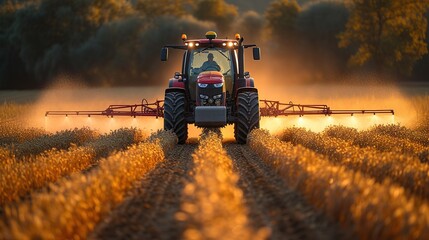 a tractor sprays pesticide on a field, in the style of massurrealism, light red and dark green, bold saturation innovator, organic realism, quantumpunk, photorealism, photography, golden ratio composi