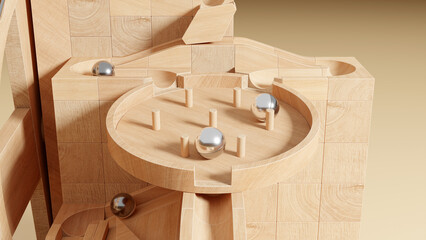 Wooden Marble Run Toy. Marble Machine with Wooden Blocks and Warm Lighting. Vintage Rolling Ball Sculpture. 3D Rendering	