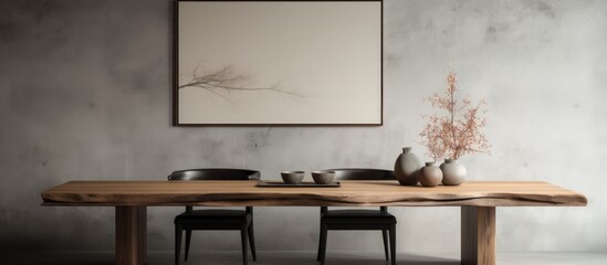 Minimalist dining room interior design with wooden table design chairs dried flowers in vase pendant lamp art paintings on wall and personal accessories Template