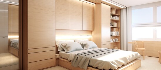 Fototapeta na wymiar Modern apartment bedroom interior design with bed and wooden wardrobe by window
