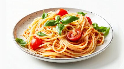 Spaghetti pasta with tomatoes and basil in ceramic plate on white background. Traditional Italian pasta with tomato sauce. Mediterranean cuisine