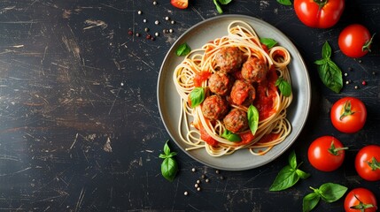 spaghetti with meatball and tomato sauce, top view