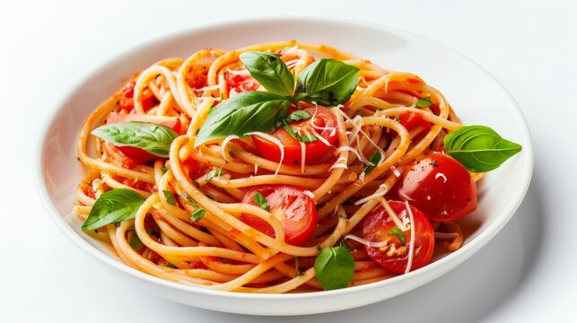 Spaghetti pasta with tomatoes and basil in ceramic plate on white background. Traditional Italian pasta with tomato sauce. Mediterranean cuisine