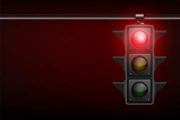 Vector Realistic Banner with Hanging Traffic Light with Glowing Red Prohibiting Signal Isolated on Black Background