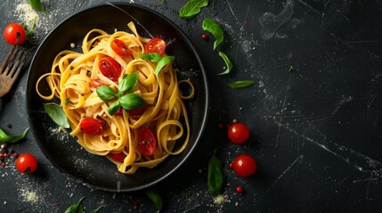 Traditional Italian pasta on black rustic pan