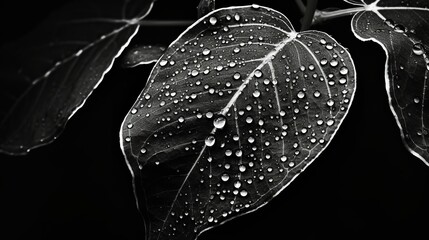 black and white photograph of a green leafy plant on a black background, in the style of...