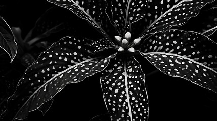 black and white photograph of a green leafy plant on a black background, in the style of pointillist dots and dashes, aztec art, dark white and light gray, the stars art group (xing xing), luxurious w