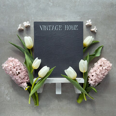 A blank blackboard with words vintage home and copy-space surrounded by a variety of spring tulip flowers and hyacinth.