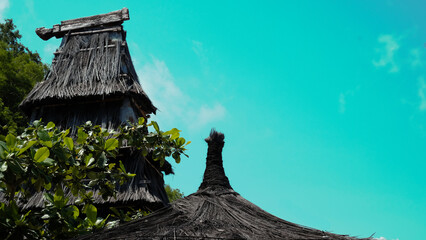 Cultural Timorese house with thatched roof against bright, vibrant aqua sky on tropical island of...