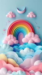 Plane, cloud, rainbow, paper-cut, paper-cut style, three-dimensional, 3d, fantasy, light pink, light blue, light green, light yellow, white