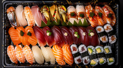 Top view of a tray of assorted sushi and sashimi