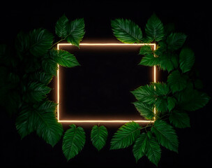 A black background desktop top view, plant big leaves, with a neon frame