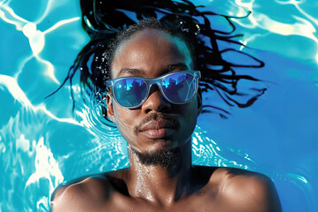 A man in a pool of water, wearing sunglasses.