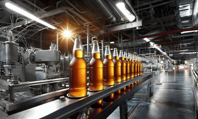 beer production at the factory, conveyor belt with bottles of beer.