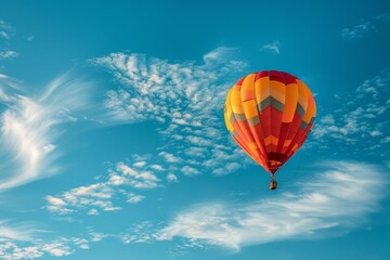Fototapeta na wymiar A hot air balloon is flying high in the sky above a blue and white cloud