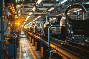 A car assembly line with a car on the conveyor belt