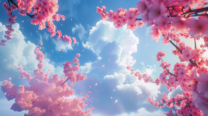 Cherry Blossom Petals Floating in Blue Sky