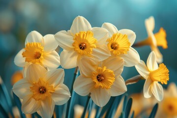 A bunch of yellow and white flowers with a blue background