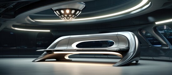 Fototapeta premium Futuristic interior with steel frame design Beneath a steel bench view