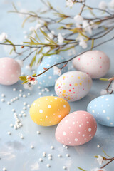 Colorful Speckled Easter Eggs in a Basket with Spring Blossoms