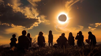 Obraz premium shadow of group of people watching a solar eclipse on a hill