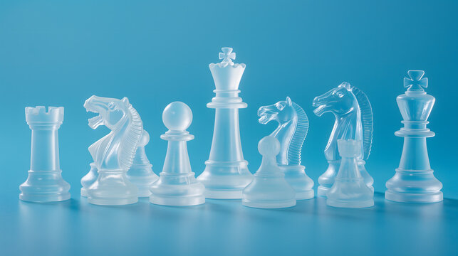 Glass Chess Pieces on a Blue Background