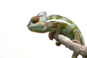 Vibrant Chameleon Perched on a Branch against White Background