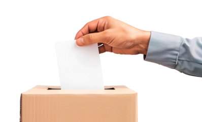 Hand placing one  vote in voting ballot box, transparent background, PNG format