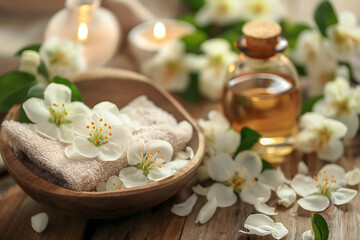 Aromatic Spa Setting with Essential Oil and Jasmine Flowers
